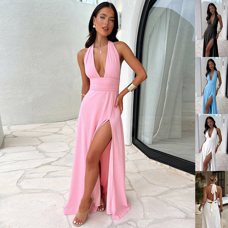 Robe fendue femme — Col V dos nu